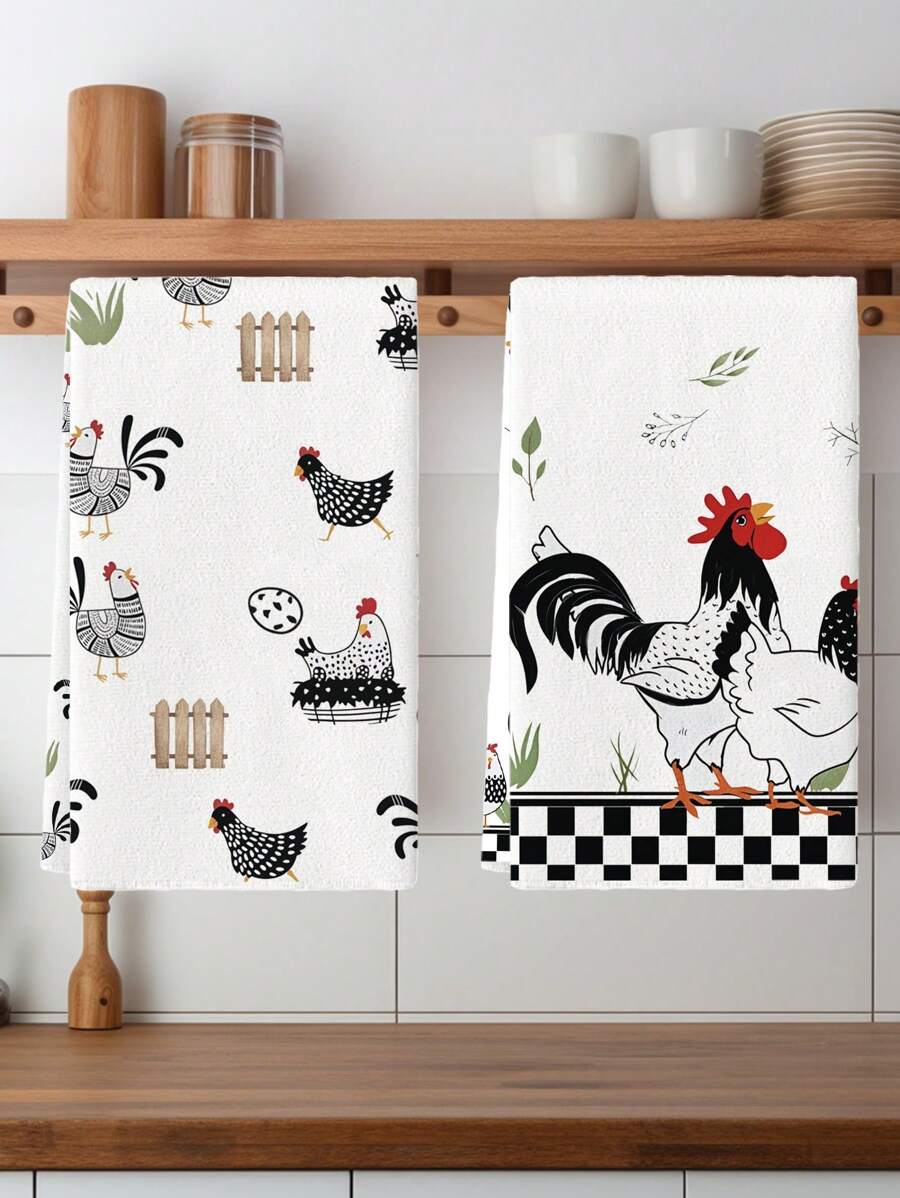 2 件装鸡肉厨房毛巾、复古鸡女士洗碗巾、鸡妈妈礼物、农舍厨房浴室装饰、生日圣诞节乔迁礼物，适合鸡肉爱好者 - 白色 - 查看 1