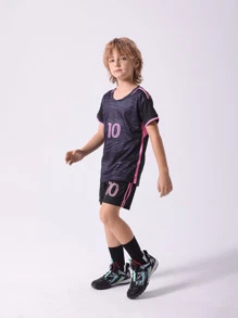 2 Stücke Set Athletikoutfit für Tween Jungen - gestreiftes grafisches Rundhalsausschnitt-Top und lässige Sportshorts