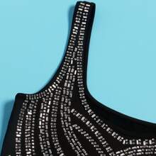 PORRCEY Women's Rhinestone Soft Sexy Slit Spaghetti Straps Long Dress Valentine's Day Date Nght Carnival Masquerade Ball  Chinese New Year Wedding, Bachelor Party - Black - View 3