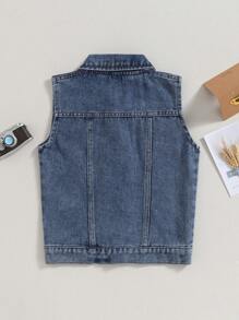 Kids Vest Jacket, Sleeveless Turn-Down Collar Button Closure Denim Vest Casual Jacket For Daily - 藍色 - 查看 4