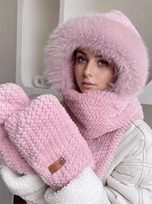 3pcs/Set Women's Winter Fleece Hooded Scarf Gloves Combo, Warm And Windproof, For Autumn And Winter