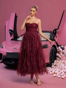 Vestido de tul sin tirantes elegante: parte delantera fruncida y volantes en cascada para bailes de graduación, bailes, - estilo versátil para adolescentes y mujeres jóvenes