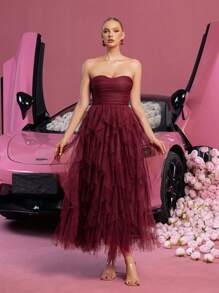 Vestido de tul sin tirantes elegante: parte delantera fruncida y volantes en cascada para bailes de graduación, bailes, - estilo versátil para adolescentes y mujeres jóvenes