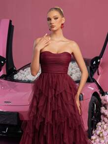 Vestido de tul sin tirantes elegante: parte delantera fruncida y volantes en cascada para bailes de graduación, bailes, - estilo versátil para adolescentes y mujeres jóvenes