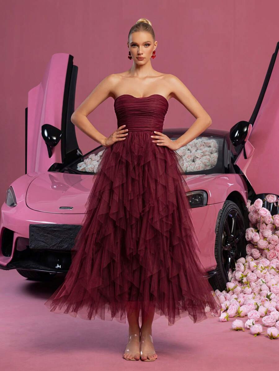 Vestido de tul sin tirantes elegante: parte delantera fruncida y volantes en cascada para bailes de graduación, bailes, - estilo versátil para adolescentes y mujeres jóvenes