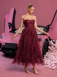 Vestido de tul sin tirantes elegante: parte delantera fruncida y volantes en cascada para bailes de graduación, bailes, - estilo versátil para adolescentes y mujeres jóvenes
