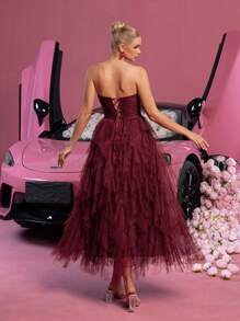 Vestido de tul sin tirantes elegante: parte delantera fruncida y volantes en cascada para bailes de graduación, bailes, - estilo versátil para adolescentes y mujeres jóvenes