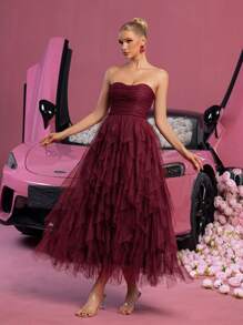 Vestido de tul sin tirantes elegante: parte delantera fruncida y volantes en cascada para bailes de graduación, bailes, - estilo versátil para adolescentes y mujeres jóvenes