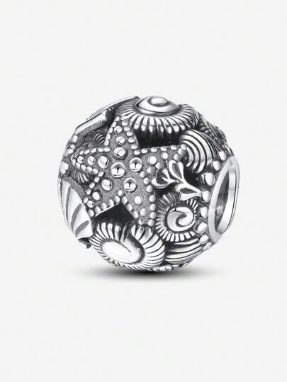 1pc 925 Sterling Silver Hollow Starfish, Shell & Heart Pendant Bead, Suitable For Women Bracelet, Bangle, DIY Jewelry Making