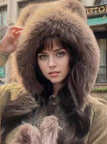 1 chiếc mũ tai gấu bông, mũ bảo vệ tai ấm áp thời trang cho phụ nữ, mùa thu/đông - A - Xem 4