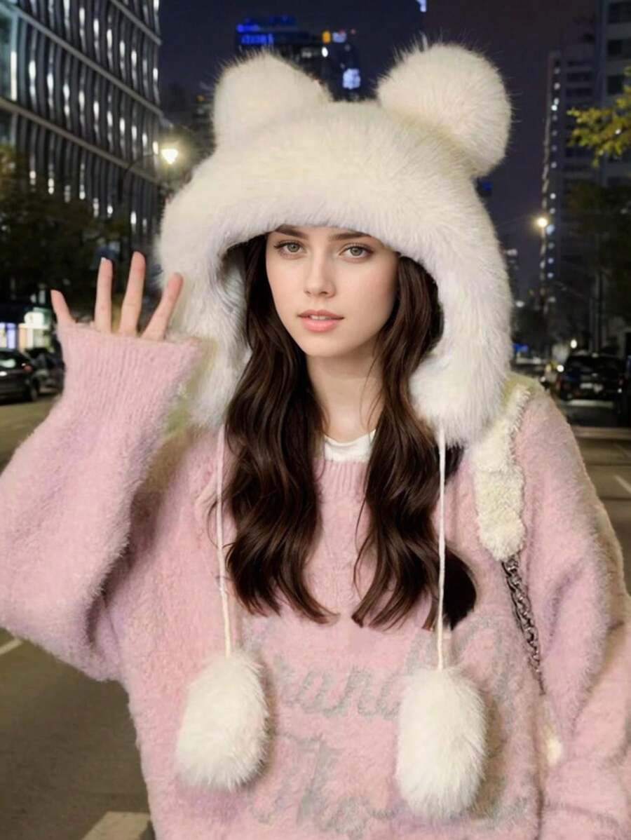 1 chiếc mũ tai gấu bông, mũ bảo vệ tai ấm áp thời trang cho phụ nữ, mùa thu/đông