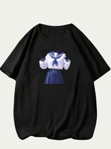 Printed T-Shirt With Japanese Fantasy Design Blouse Unisex Men's Fashion Comfort Casual Premium - 黑色 - 查看 1