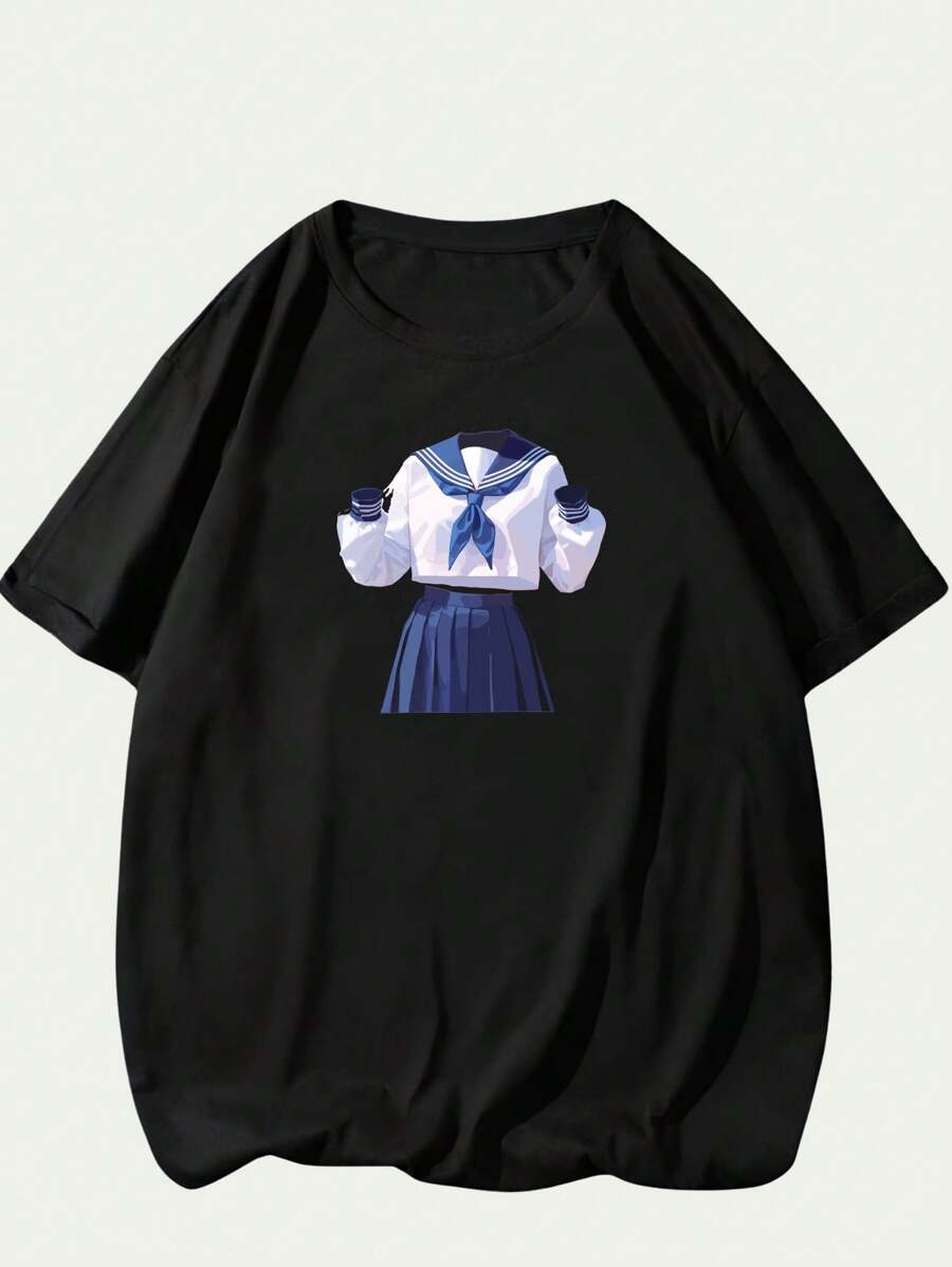 Printed T-Shirt With Japanese Fantasy Design Blouse Unisex Men's Fashion Comfort Casual Premium - 黑色 - 查看 1
