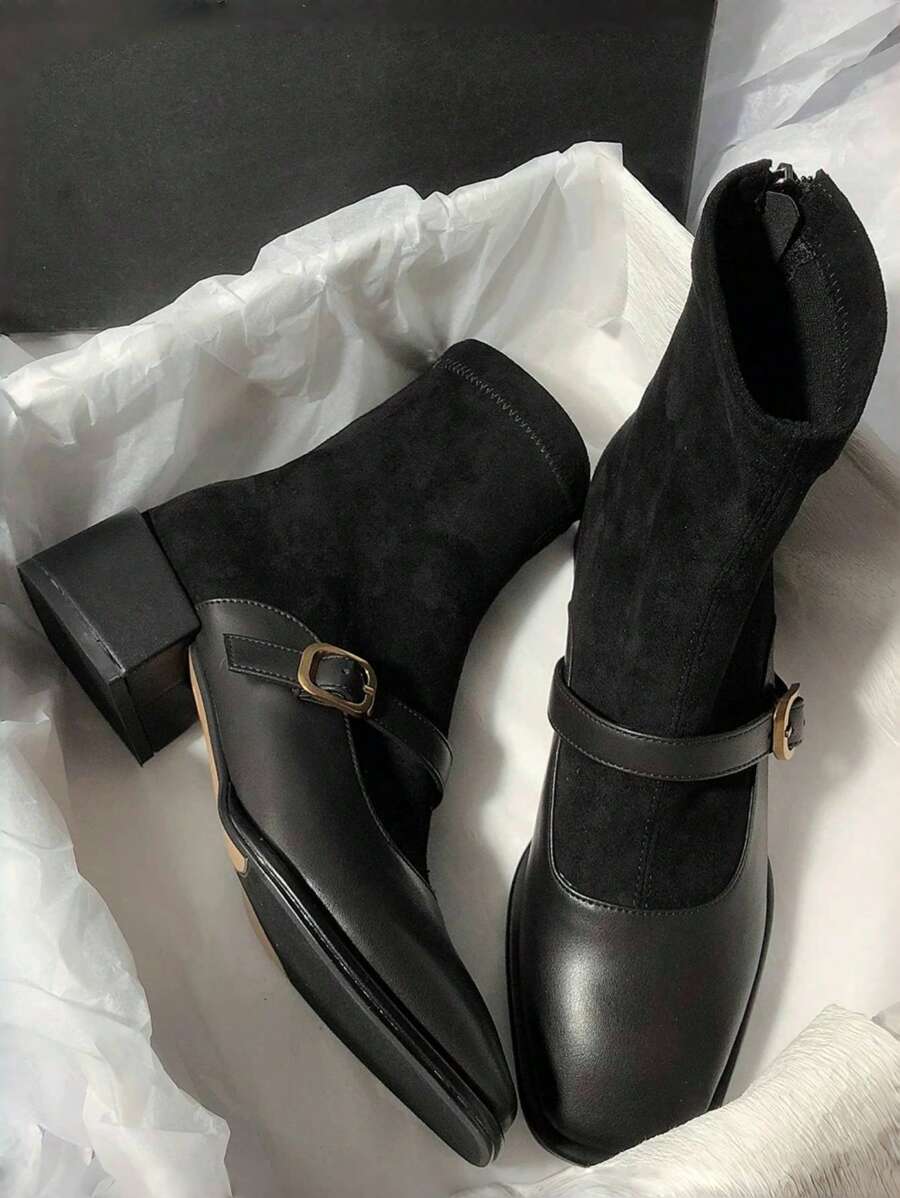 Giày bốt cổ thấp kiểu Mary Jane đơn giản dành cho nữ cỡ lớn, có khóa cài, khóa kéo phía sau, gót dày, chất liệu co giãn. - màu đen - Xem 1