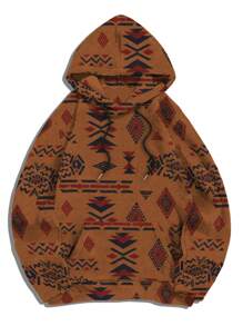 Men's Pattern Print Hoodie Sweatshirt In Fleece - Camel - View 3
