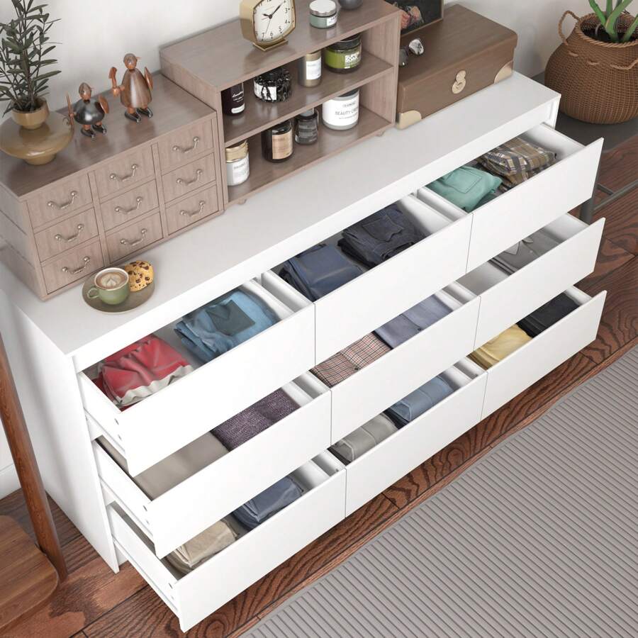 ECACAD 9 Drawer Dressers, Modern Large Dresser For Bedroom Organize, Wooden Long Dresser With 9 Handle Free Drawers, Storage Chest Of Drawers For Living Room Office - trắng - Xem 1