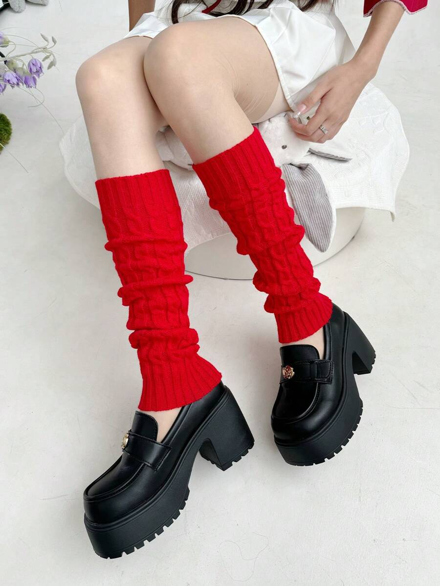 1 Cặp quần tất giữ ấm chân dài qua đầu gối dệt kim xoắn cho nữ, mùa thu/đông - Đỏ - Xem 1
