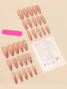 30 Pieces Of Long Almond Shaped Pressed Fake Nail Patches, Gradient Rhinestone Sweet And Cool Japanese And Korean Style Women's Nail Patches, New And Fashionable Fingertips, Matched With 1 Piece Of Jelly Glue And 1 Piece Of Rubbing Strip, Suitable For Women's Parties, Dances, Daily Casual Wear, Detachable And Reusable Press On Nails