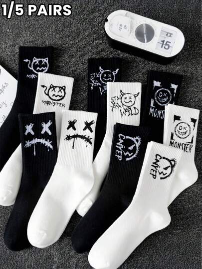1/5 زوج من جوارب الرجال المريحة المطبوعة بوجه مبتسم، جوارب خريفية