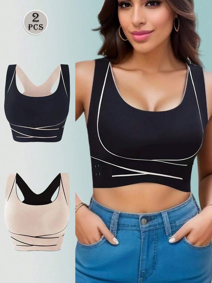 2pcs Sports Bra Front Adjustable Buckle Wireless Padded Comfy Gym Yoga Underwear Breathable Workout Fitness Top Low Intensity Women - Multicolor - View 1