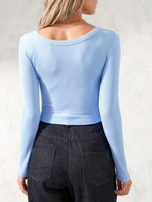 Women's Fall Loose Knit Tops Long Sleeves Wrap V-Neck Contrast Color Simple - Blue - View 8