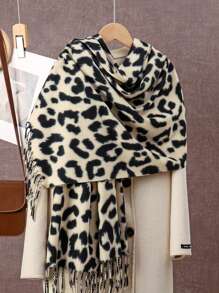 1pc Women Leopard Pattern Cashmere Scarf, New Design With Tassels For Autumn/Winter Scarves, Warm Shawl Suitable For Outdoor Activities And Everyday Wear, Minimalist Design - 05-beige Base With Black Lines - View 2