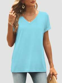 Huskary Womens Short Sleeve V Neck Dolman Tops With Side Shirring Loose Fit Shirts - màu ngọc lam - Xem 3