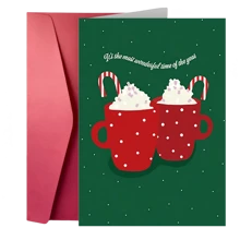 1pc Festive Greeting Cards (Christmas Cards) – Red White Polka Dot Mug & Candy Cane Design – For Xmas Gifting To Fam & Friends