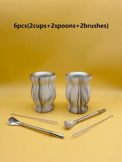 1set,8OZ, Stainless Steel Double-Walled Yerba Mate Gourd Cup, Coffee Mug With Mate Straw Spoon & Cleaning Brush,Heat Insulation Anti Scalding,Easy To Clean,Ideal For Traditional Mate Tea Lover(Marble Grain/Pink/Gray/Light Green) Back To School