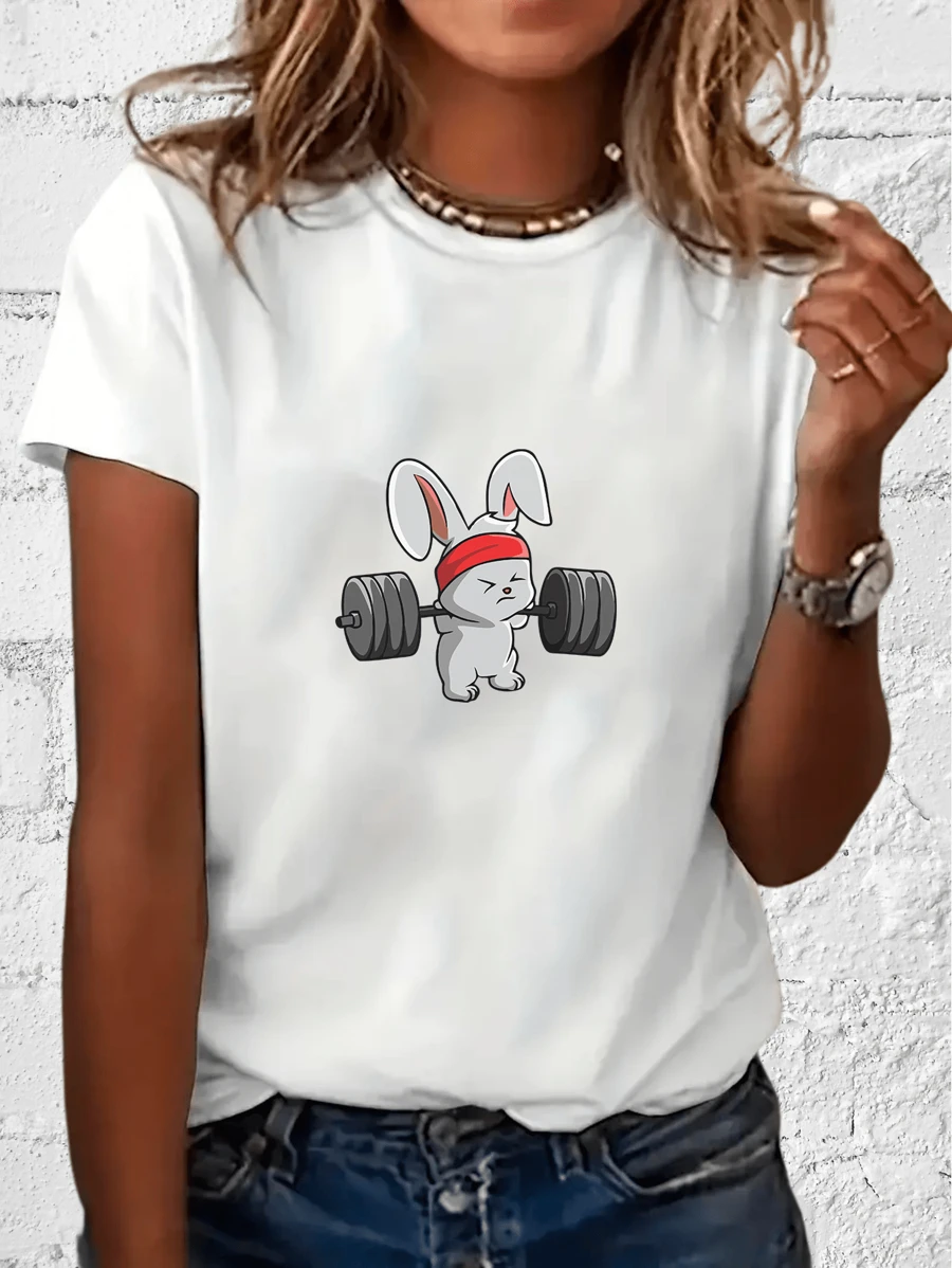 Women's Baby Look T-Shirt Rabbit Doing Gym - NEW Tumblr Style With Premium Cotton - 白色 - 查看 1