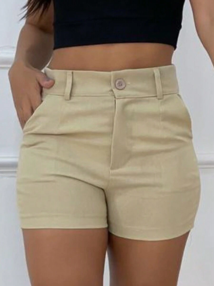 Women's Linen Shorts High Waist Casual Simple With Pocket And Button - 米色 - 查看 1