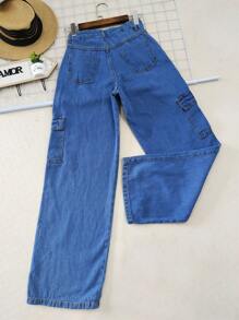 Women's Wideleg Cargo Jeans, High Waisted Twill Fabric - Medium Wash - View 2