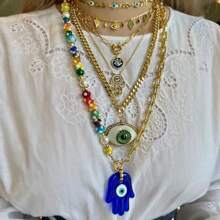 manbara 波西米亞手工幸運玻璃藍眼睛EVIL EYE陶瓷心臟哈姆薩手圓吊墜土耳其邪惡之眼項鍊，適合珠寶配戴 - 手掌 - 查看 1