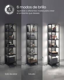 VASAGLE Estantería de 6 Niveles con Luz LED, Librería con Luces Ajustables, Marco de Acero, 30,3 x 40 x 178,6 cm, para Sala de Estar, Dormitorio, Oficina, Negro Ébano - Negro - Ver 5
