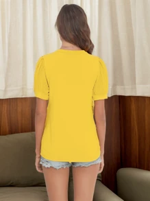 Huskary Womens Summer Tops V Neck T Shirts Swiss Dot Puff Sleeve Tops Loose Casual T-Shirts - Màu vàng - Xem 2
