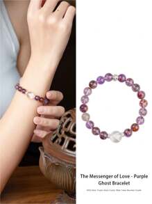 VE [VE] 1 pieza Pulsera de cuarzo de fantasma púrpura natural de alta calidad. El cuarzo de fantasma púrpura brilla como el cielo nocturno, misterioso; la Pagoda Blanca se yergue alta, simbolizando la resistencia. Los dos se integran de manera ingeniosa en la pulsera, representando protección y fuerza, agregando un Charm único para proteger cada momento de paz y buena fortuna. El color de la piedra natural es aleatorio.