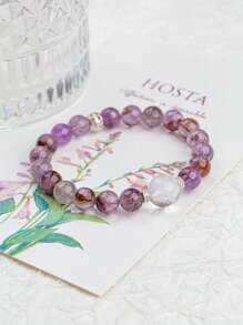 VE [VE] 1 pieza Pulsera de cuarzo de fantasma púrpura natural de alta calidad. El cuarzo de fantasma púrpura brilla como el cielo nocturno, misterioso; la Pagoda Blanca se yergue alta, simbolizando la resistencia. Los dos se integran de manera ingeniosa en la pulsera, representando protección y fuerza, agregando un Charm único para proteger cada momento de paz y buena fortuna. El color de la piedra natural es aleatorio.