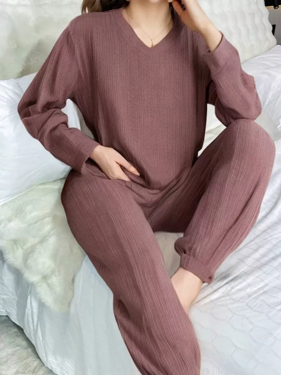 2pcs Set Women Pink Crew Neck Long Sleeve Top And Pants, Casual And Comfortable Pajamas, Autumn/Winter,Two Pieces Set Cozy Outfit, Fall Clothes - Red - View 1