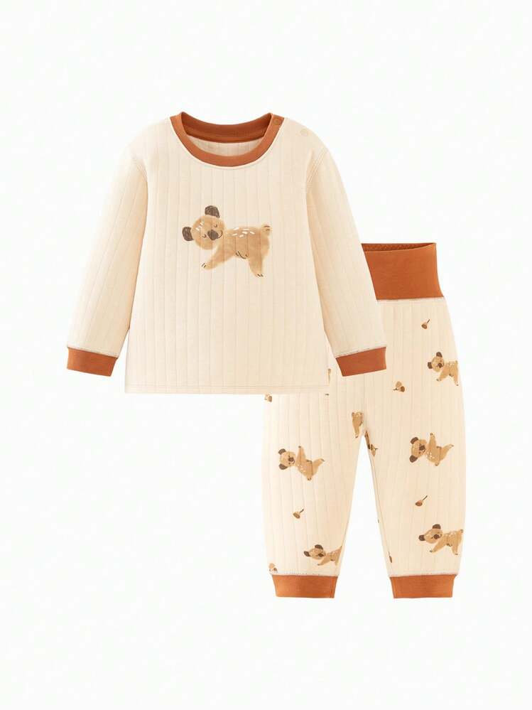 mini bala Conjunto de ropa de estar en casa para bebés niñas compuesto por pijama suave y cálido de larga duración que protege el estómago, colección de invierno de piel suave para bebés - Caqui - Añade 4