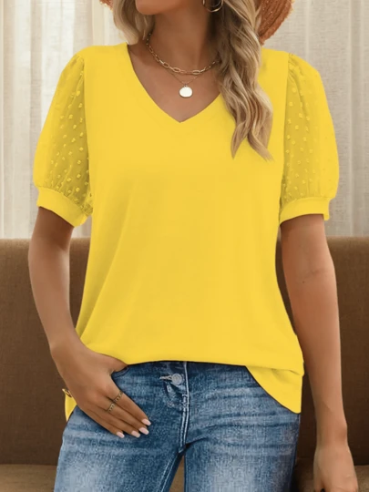 Huskary Womens Summer Tops V Neck T Shirts Swiss Dot Puff Sleeve Tops Loose Casual T-Shirts