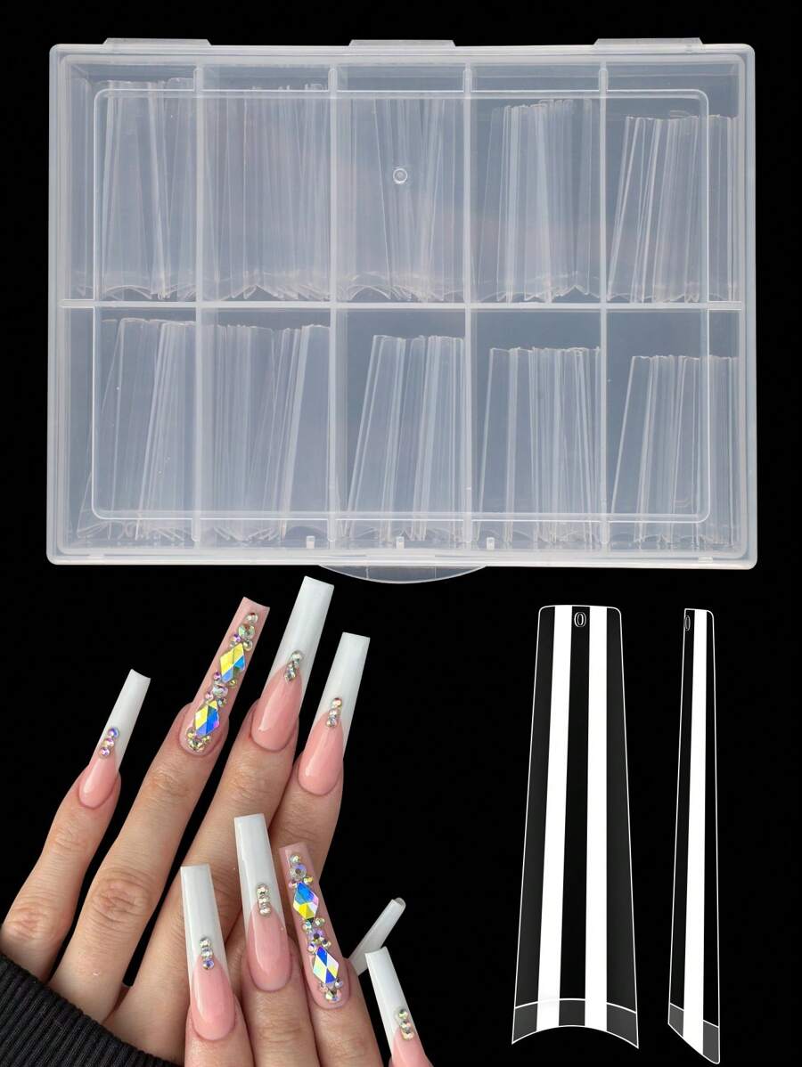 100 件/盒 无缝假指甲 XXL 长半盖延长弧形棺材指甲适用于美甲沙龙