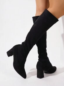 女士舒适一脚蹬防滑休闲黑色高跟靴 - 黑色 - 查看 2