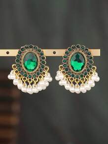 1 par de pendientes colgantes a la moda con borlas, piedras preciosas y perlas vintage, adecuados para el uso diario de las mujeres