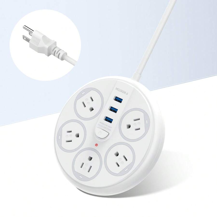 MOREKA USB Multi-Contact Power Strip, Outlet Extender, 2 M Multiple Plug With 5 AC Outlets And 3 USB Ports, Surge Protector, Multi-Contact Wall Plug Adapter For Home And Office - White - View 1
