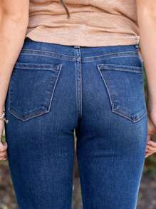 全新女式牛仔裤 时尚低腰弹力连体牛仔裤 - 深色水洗藍 - 查看 7