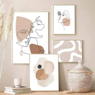 1 件帆布画花卉线描脸色块抽象海报和版画墙壁艺术画客厅家居装饰无框架