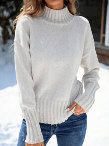 Women's Simple Casual Chiffon Floral Print Mock Neck Sweater - Beige - View 1