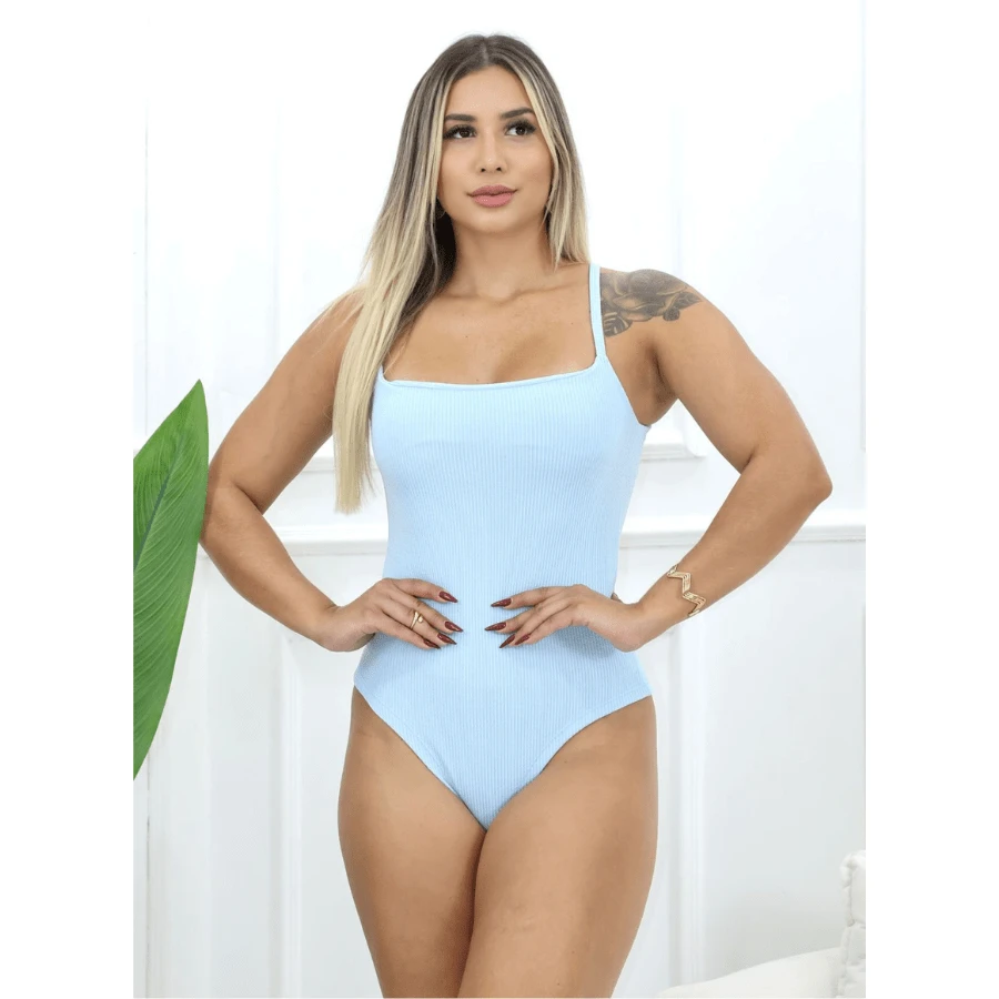 Bodysuit With Straps And Straight Neckline In Irregular Fabric - 淺藍色 - 查看 1