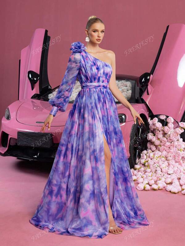 Faeriesty Rochie de bal formală cu mânecă Bishop, elegantă, cu gât asimetric, rochie de seară cu mânecă lungă, pentru invitată la nuntă, absolvire, rochie de petrecere pentru cină