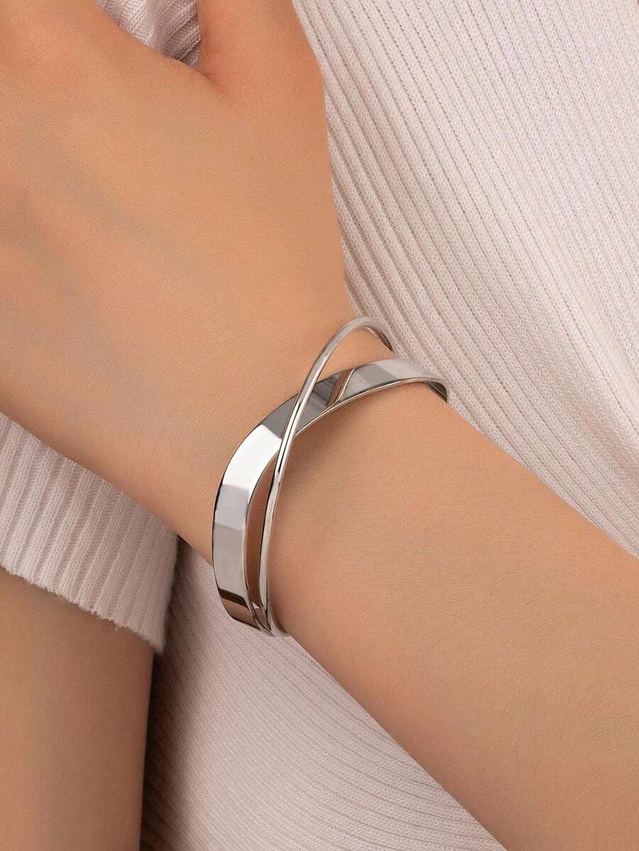 1 buah Gelang Logam Minimalis Garis Ganda, Hadiah Kenang-kenangan - Perak - View 1